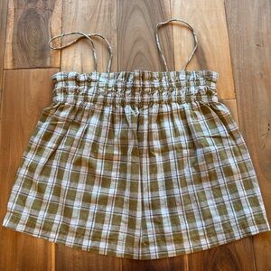 Ali Golden Plaid Smocked-Waist Linen Blend Tank Top in Olive & Cream